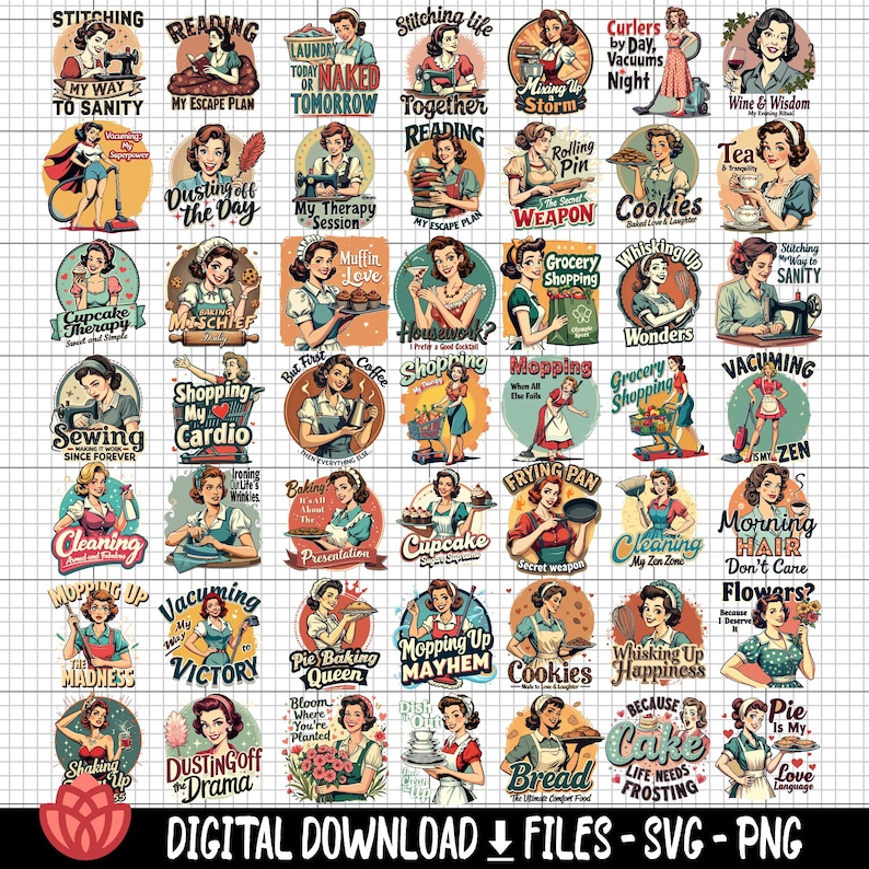 Op de afbeelding: Een set van 36 kleurrijke digitale illustraties met retro-stijl vrouwen in verschillende huiselijke omgevingen. Elke illustratie bevat een humoristische zin die betrekking heeft op huishoudelijke taken, hobby's en activiteiten. De illustraties zijn perfect voor knutselprojecten, sociale media en persoonlijk gebruik.