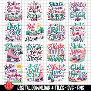 Puede incluir: Un conjunto de 12 diseños digitales coloridos con frases sobre el tema del patinaje sobre ruedas. Los diseños son perfectos para crear camisetas, tazas, bolsas de mano, pegatinas y otras manualidades.