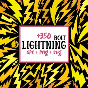 May include: A digital graphic design with many yellow and gold lightning bolt illustrations on a black background. The image includes a white rectangle with the text "+350 BOLT LIGHTNING EPS + PNG + SVG".