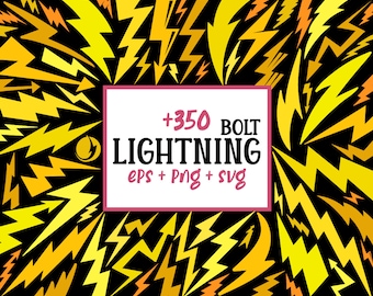 May include: A digital graphic design featuring numerous yellow and gold lightning bolt illustrations on a black background. The image includes a white rectangle with the text "+350 BOLT LIGHTNING EPS + PNG + SVG".