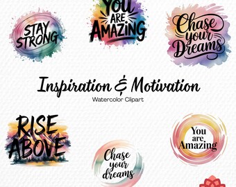 Watercolor Inspiration and Motivation Collection Clipart, Uplifting Quote Clipart, Positive Mindset Bundle, Success PNG