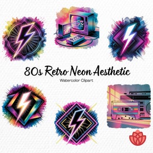 May include: A collection of 80s retro neon aesthetic watercolor clipart featuring lightning bolts, a vintage television set with a game console, and a cassette tape with a boombox, all set against vibrant, colorful, splattered paint backgrounds.