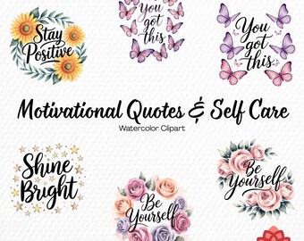 Watercolor Motivational Quotes and Self Care Collection Clipart, Wellness Routine Clipart, Positive Mental Health Bundle, Healing Text PNG