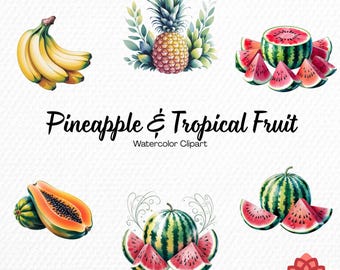 Watercolor Pineapple and Tropical Fruit Collection Clipart, Exotic Summer Clipart, Sweet Food Bundle, Island Paradise Graphic PNG