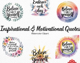 Watercolor Inspirational and Motivational Quotes Collection Clipart, Empowering Words Clipart, Success Typography Bundle, Positive Text PNG