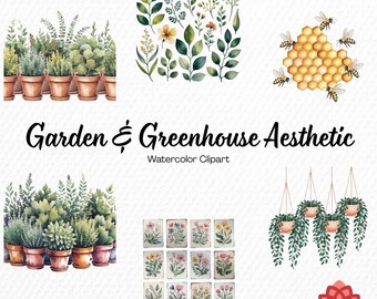 Watercolor Garden Greenhouse Aesthetic Collection Clipart, Botanical Plant Bundle, Floral Conservatory PNG, Spring Nature Outdoor Elements