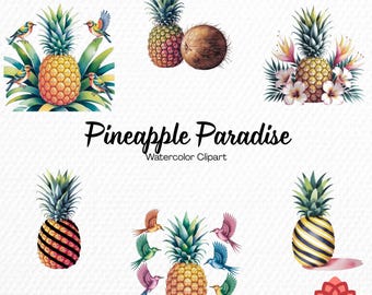 Watercolor Pineapple Paradise Collection Clipart, Tropical Island Clipart, Summer Vacation Bundle, Exotic Beach Fruit Graphic PNG