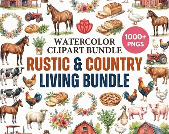 Rustic Farmhouse Watercolor Clipart Bundle, Cottagecore PNG (Digital Download)