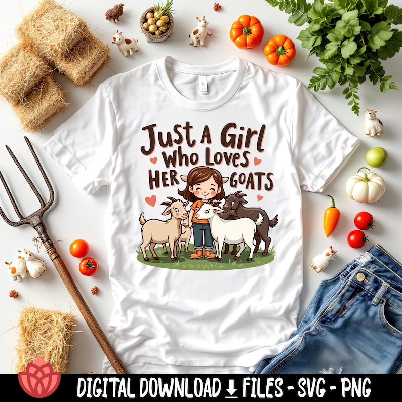 May include: White t-shirt with the text "Just a Girl Who Loves Her Goats" and a graphic of a girl with three goats. The image includes miniature farm animal figurines, hay bales, and vegetables.