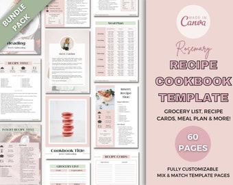 Recipe Cookbook Template | 60 Page Canva Recipe Book Template | Recipe Ebook | Editable Cookbook | Meal Planner, Recipe Cards, Recipe Binder