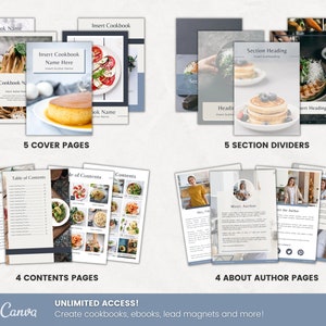 Recipe Cookbook Template Canva cover pages, content pages, sections, about author.