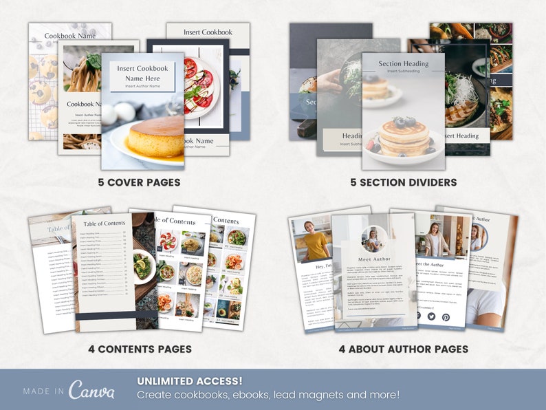 Recipe Cookbook Template Canva cover pages, content pages, sections, about author.