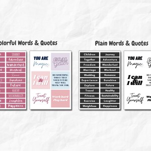 May include: Two sets of printable stickers with motivational words and quotes. The first set has a pink background with white text. The second set has a black background with white text. The words and quotes include "You are magic", "Goal Getter", "I can & I will", "Treat yourself", "Work hard play hard", "Children", "Together", "Freedom", "Marriage", "Wedding", "Experience", "Explore", "Travel", "Fitness", "Exercise", "Weightloss", "Journey", "Adventure", "Wanderlust", "Workout", "Romance", "Sunshine", "Future", "Healthy", "Sustainability", "Laughter", "Happiness".