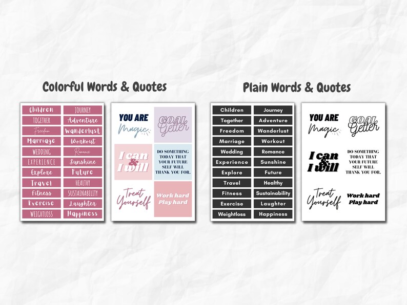 May include: Two sets of printable stickers with motivational words and quotes. The first set has a pink background with white text. The second set has a black background with white text. The words and quotes include "You are magic", "Goal Getter", "I can & I will", "Treat yourself", "Work hard play hard", "Children", "Together", "Freedom", "Marriage", "Wedding", "Experience", "Explore", "Travel", "Fitness", "Exercise", "Weightloss", "Journey", "Adventure", "Wanderlust", "Workout", "Romance", "Sunshine", "Future", "Healthy", "Sustainability", "Laughter", "Happiness".