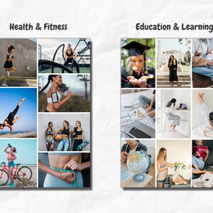 May include: A collage of images depicting health and fitness activities, including yoga, running, cycling, and weight training. The second collage shows images related to education and learning, such as graduation, studying, and using a laptop.