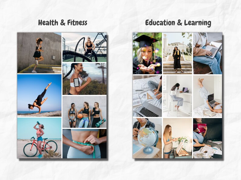 May include: A collage of images depicting health and fitness activities, including yoga, running, cycling, and weight training. The second collage shows images related to education and learning, such as graduation, studying, and using a laptop.