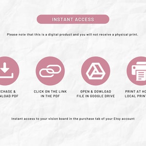 May include: Instant access to a digital vision board. Download the PDF, click on the link, open the file in Google Drive, or print at home or a local print shop.