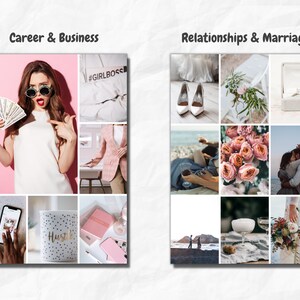 May include: A collage of images representing career and business goals, including a woman holding cash, a pink blazer, a coffee mug with the word "Hustle" on it, and a phone with a social media app open. The second collage represents relationships and marriage, with images of wedding rings, flowers, and couples.