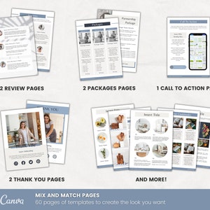 May include: A set of 60 printable Canva templates for creating a business website. The templates include review pages, package pages, call to action pages, and thank you pages. The templates are designed in a light blue and white color scheme with a modern and minimalist aesthetic.
