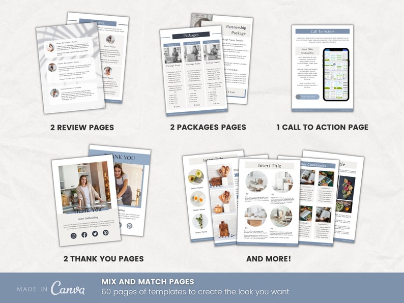 May include: A set of 60 printable Canva templates for creating a business website. The templates include review pages, package pages, call to action pages, and thank you pages. The templates are designed in a light blue and white color scheme with a modern and minimalist aesthetic.