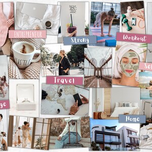 May include: A vision board with images representing different aspects of life, including marriage, travel, home, self-love, work out, entrepreneur, and strong. The board is made up of various images, including a couple getting married, a woman travelling, a house, a woman meditating, a woman working out, a woman working on a laptop, and a woman standing in front of a bridge.