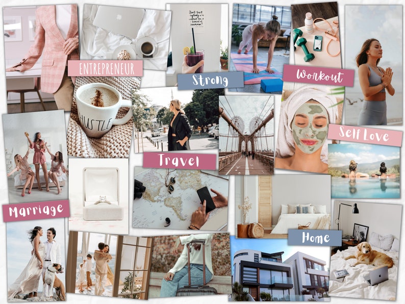 May include: A vision board with images representing different aspects of life, including marriage, travel, home, self-love, work out, entrepreneur, and strong. The board is made up of various images, including a couple getting married, a woman travelling, a house, a woman meditating, a woman working out, a woman working on a laptop, and a woman standing in front of a bridge.