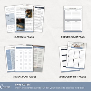 Recipe Cookbook Canva Template 60 Pages Blue Etsy Listing, examples of article pages, recipe card, meal plans, grocery list pages.
