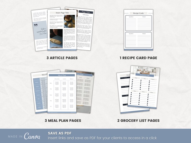 Recipe Cookbook Canva Template 60 Pages Blue Etsy Listing, examples of article pages, recipe card, meal plans, grocery list pages.