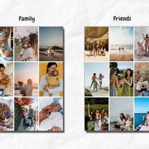 May include: Two collage images, one titled "Family" and the other titled "Friends". Both collages feature nine photos of people in various settings, including a beach, a park, and a forest. The "Family" collage features photos of parents and children, while the "Friends" collage features photos of groups of friends.