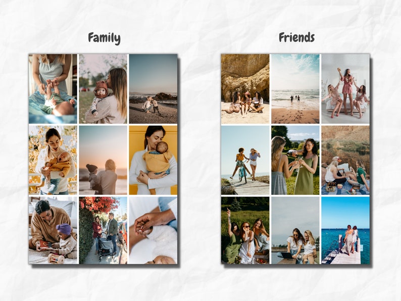 May include: Two collage images, one titled "Family" and the other titled "Friends". Both collages feature nine photos of people in various settings, including a beach, a park, and a forest. The "Family" collage features photos of parents and children, while the "Friends" collage features photos of groups of friends.
