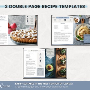 Recipe Cookbook Canva Template 60 Pages Royal Ashen Etsy Listing, three double page recipe templates