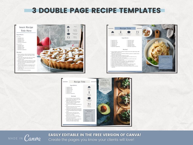 Recipe Cookbook Canva Template 60 Pages Royal Ashen Etsy Listing, three double page recipe templates