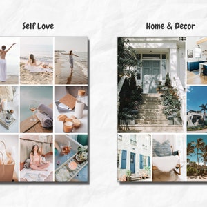 May include: A collage of images showcasing self-care and home decor themes. The top row features images of a woman on a beach, a woman meditating, and a woman walking on the beach. The middle row features images of candles, a glass of wine, and a towel. The bottom row features images of a gift bag, a woman meditating, and a tray with candles and a glass of wine.