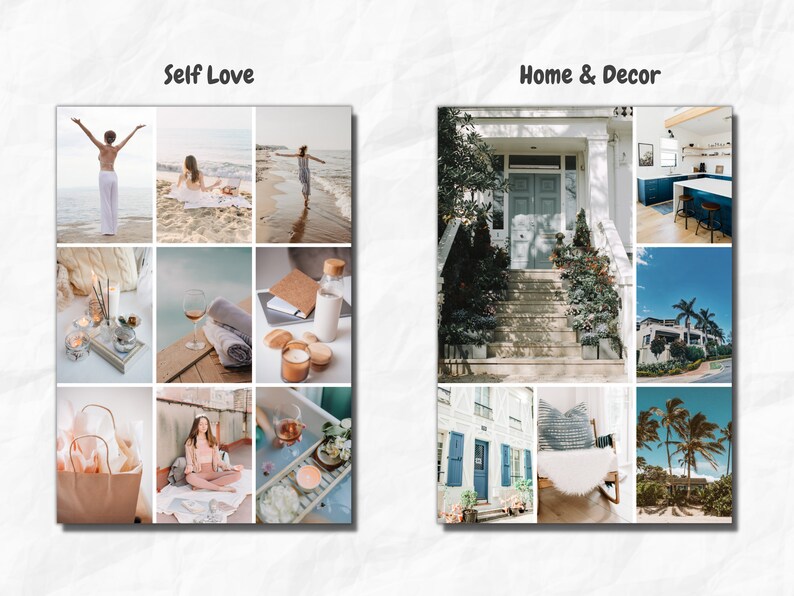 May include: A collage of images showcasing self-care and home decor themes. The top row features images of a woman on a beach, a woman meditating, and a woman walking on the beach. The middle row features images of candles, a glass of wine, and a towel. The bottom row features images of a gift bag, a woman meditating, and a tray with candles and a glass of wine.