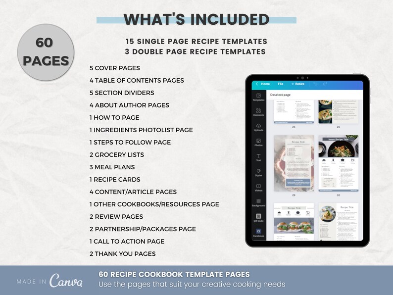 Recipe Cookbook Canva Template 60 Pages Royal Ashen Etsy Listing, What is included in this template