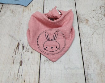 small scarf muslin, embroidery rabbit pink, up to 3 years