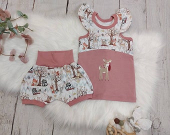 Gr. 98, top with cap sleeves, pink deer