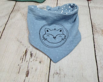 small scarf muslin, embroidery fox light blue, up to 3 years