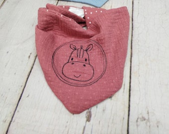 small scarf muslin, embroidery hippo old pink, up to 3 years
