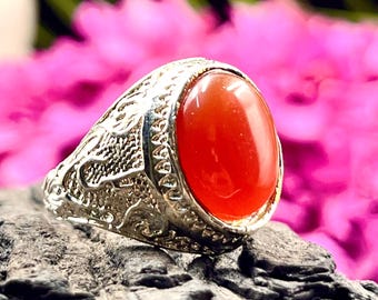 Ya Ali-agaatstenen ring voor heren | Rode Duitse Aqeeq zilveren ring | Islamitische kalligrafiering | Handgemaakte statementring | Cadeaus voor hem