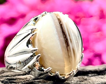 Sulemani Aqeeq-ring in Duits zilver | Gestreepte agaatring voor heren | Handgemaakte statementring | Ovale sieraden van Sulemani-agaat | Cadeaus