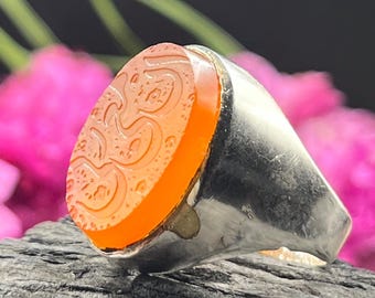 Anillo de ágata naranja con caligrafía árabe / Piedra grabada con “Inni Ma Rabbi” / Anillo islámico de plata alemana / Anillo de ágata artesanal para hombre
