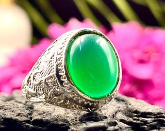 Ya Ali Agate Stone Ring for Men | Green Aqeeq German Silver Ring | Islamic Calligraphy Ring | Handmade Statement Ring | Gifts for him