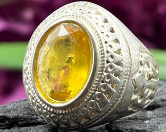 Vintage German Silver Ring with Yellow Glass Stone | Handmade Statement Ring | Carved Band Design | Men & Women Ring Gift