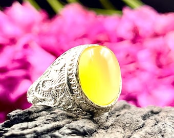 Anillo de ágata Ya Ali para hombre / Anillo de plata alemana con ágata amarilla / Anillo con caligrafía islámica / Anillo llamativo hecho a mano / Regalos para él