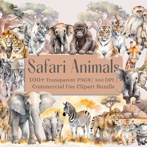 Safari Animals Clipart Watercolor, Baby Safari Animals, Watercolor Clipart, Nursery Clipart, Giraffe, Elephant, Lion, Zebra, Tiger, Monkey
