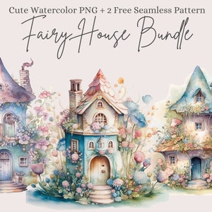 Watercolor Fairy house clipart, Cute Clipart, Pastel Fantasy clipart, Fairytale Bundle PNG, Magic cottage, Elf village,  Seamless Pattern