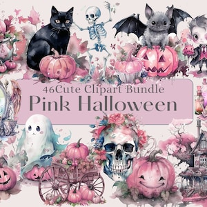 Pink Halloween Watercolor Clipart PNG Bundle, Witch and Wizard png, Ghost, Vampire, Pumpkin, Black Cat, Owl, Spider, Skull, Commercial Use