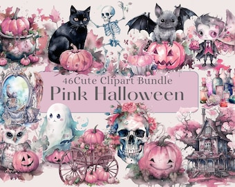 Könnte beinhalten: Ein digitales Clipart-Paket mit 46 rosa Halloween-Illustrationen. Die Illustrationen beinhalten eine schwarze Katze, ein Skelett, eine Fledermaus, einen Vampir, ein Gespenst, eine Eule, einen Schädel, ein Spukhaus und Kürbisse. Der Text "46 Cute Clipart Bundle Pink Halloween" ist im Bild enthalten.