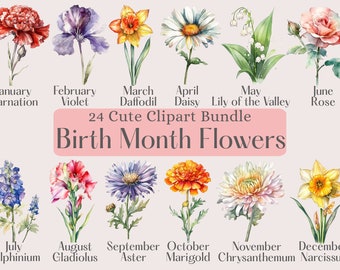 Birth Month Flowers Clipart Set Colorful Watercolor Floral PNG, Floral bundle, Grandma's Garden Png, Watercolor Floral, Botanical Clipart